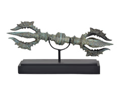Bronze Tibetan Dorje with eight prongs on wooden base, turquoise patina