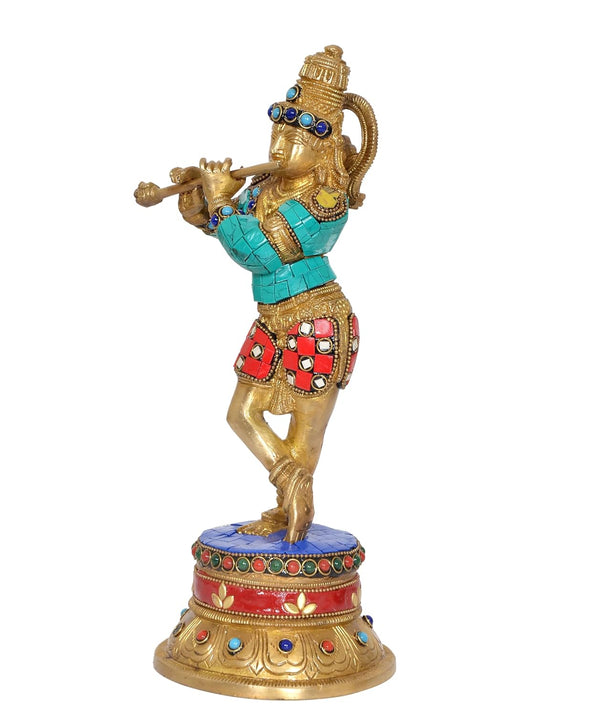 Brass Krishna Playing Flute Idol Statue Sculpture for Home Mandir Pooja Decor Temple Gift (Height 11.5 inch) Study Setting