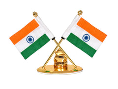 Ganesh ornament with Indian flags on metal stand, gold base detail