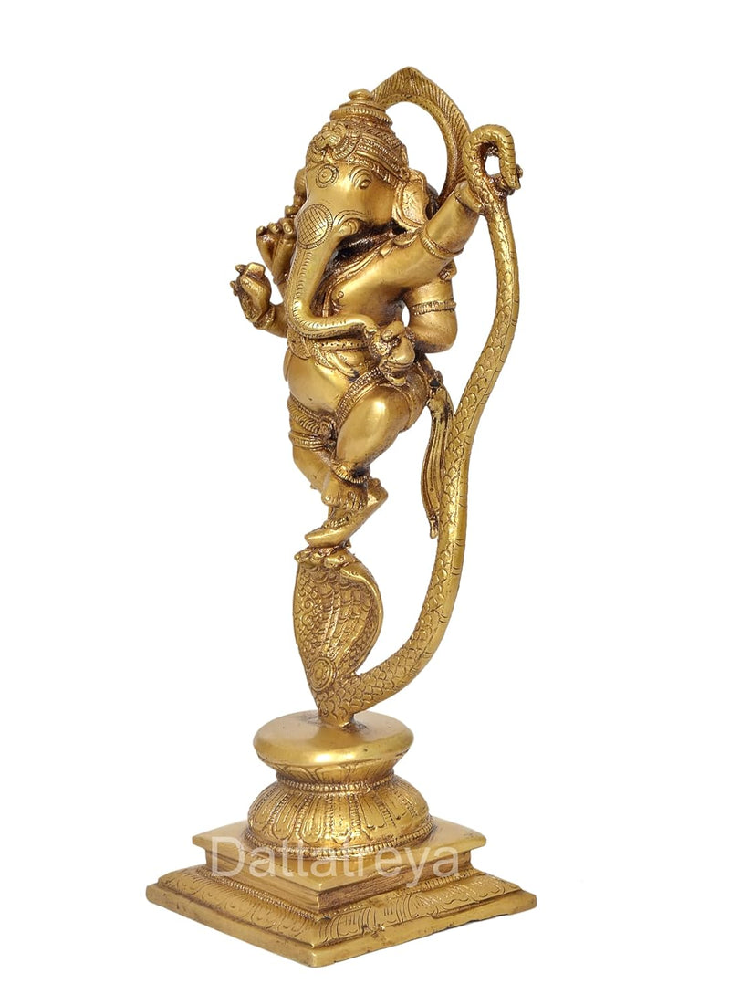 Brass Lord Ganesha Dancing on Serpent Shesha - Hindu Deity Idol for Puja and Gifts (Height 11.5 Inch)