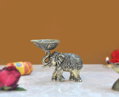 Brass elephant oil lamp diya with ornate bowl top, antique style home decor