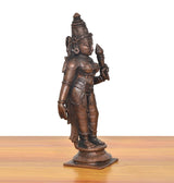 Devi Uma Parvati Copper statue, side profile, raised hand and crown details, on base