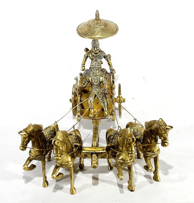 Brass Antique Finish Brass Krishna Arjun Rath Chariot with 4 Horse Idol Statue, Height : 9 inch