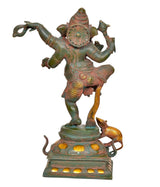 Dancing Ganesha brass statue front view, gold-and-teal details, mouse on base