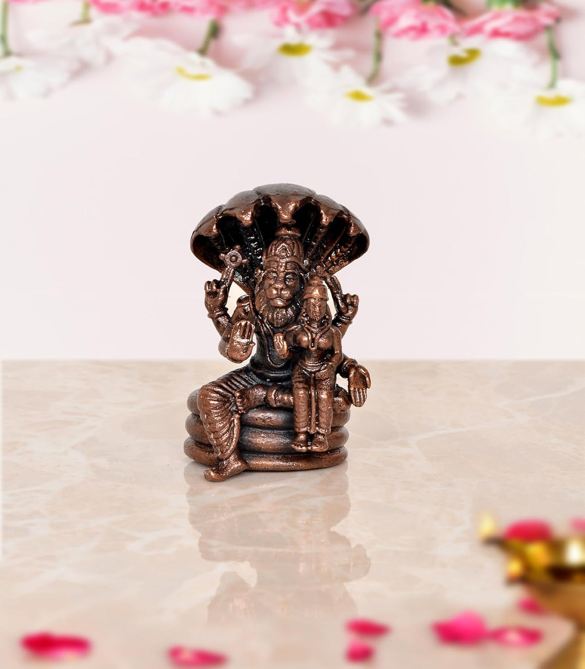 Copper Lakshmi Narasimha bronze statue, seated deity with raised umbrella, 2-inch