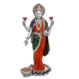 Full view Lakshmi figurine sculpture in silver-plated resin, orange and green draped sari