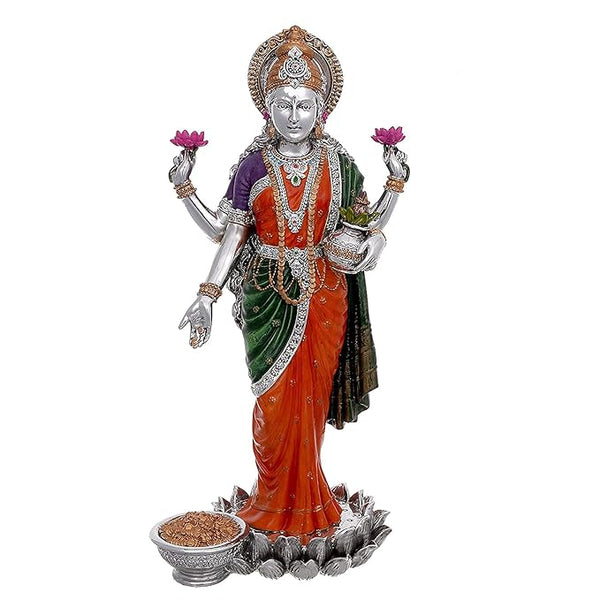 Resin Standing Devi Lakshmi Silver Plated Sculpture Temple Puja Home Decor Murti (Height: 10 Inches) Entryway Setting