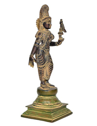 Brass Hindu goddess statue with parrot, profile view, raised hand pose