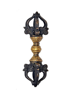 Messing-Dorje mit fünf Spitzen, goldene Mittelringe, 15 cm