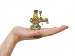Brass Shiva ling murti with Nandi and trident held in hand, compact puja statue