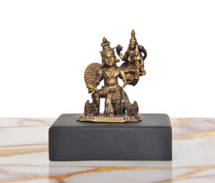 Panchaloha Vishnu Lakshmi on Garuda idol, golden, front view, dark square base