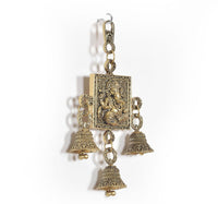 Lakshmi-Ganesh wall hanging with bell charms, square engraved panel and top loop