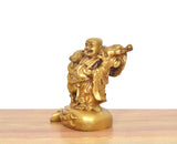 Brass laughing Buddha standing statue, smiling face, raised hand with ornament, gold