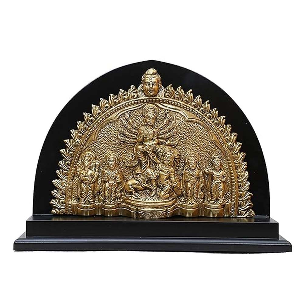 Durga brass wall sculpture with wood base, arched relief, 8 in