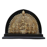 Durga brass wall sculpture with wood base, arched relief, 8 in