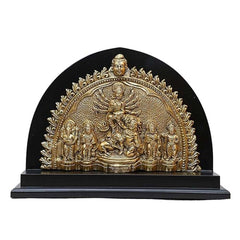 Durga brass wall sculpture with wood base, arched relief, 8 in