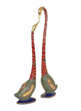 Kissing swan couple figurines, red necks, green mosaic bodies, decorative blue bases