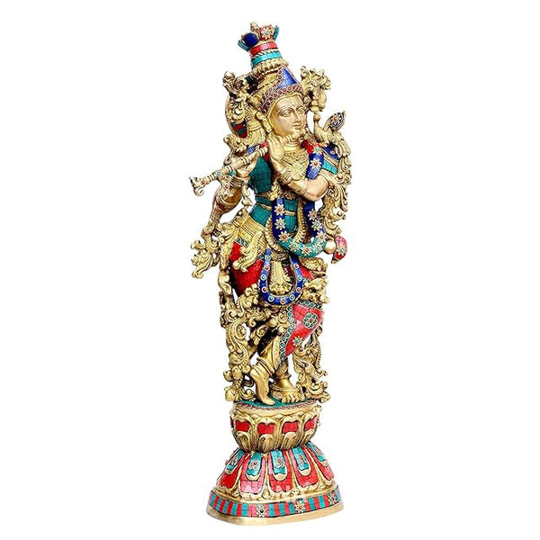 Brass Krishna - Big Size - Brass Kishan Murti Idol Statue Sculpture (29") (Big Krishna) (Red)