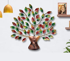 Decorative iron wall tree with multicolor leaf accents and curved bronze trunk base