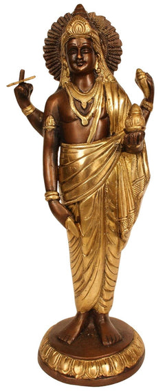Brass-brown & gold Dhanvantari statue, 11.3 in, seated with bowl and raised hands