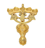 Brass peacock diya oil lamp with five bowl cups and ornate base stand