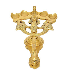 Brass peacock diya oil lamp with five bowl cups and ornate base stand