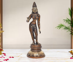 Brass Devi Uma Parvati statue, front pose with headdress and intricate jewelry details