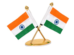 Angled metal Indian flag ornament with crossed flags and gold base