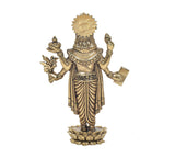 Back view of brass Dhanvantri statue, 6-inch, detailed garments and crown, lotus base