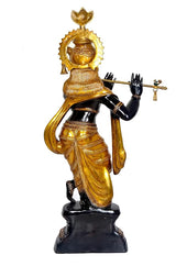 Krishna brass statue rear/side view, gold backpiece and raised arms