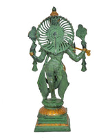Back view of green brass Krishna with fluted fan halo and gold arm ornaments