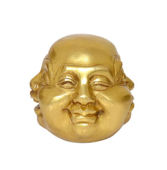 Gold-toned brass Buddha head sculpture, detailed eyes and cheeks