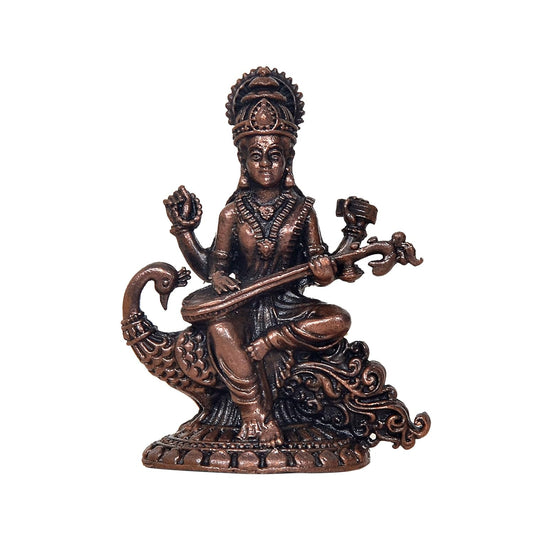 Copper Goddess Maa Saraswati Seated on Swan Devi of Study Maa Saraswati for Home Temple and Spiritual Decor (Height: 2.5 Inch)