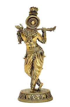 Lord Krishna brass statue from behind, flute extended, circular halo on head