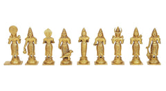 Gold brass Navgraha deity statue set of nine small standing figures, side view