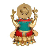 Brass Ganesha-Statue von hinten, rundes Rückenschild über rotem und türkisfarbenem Gewand