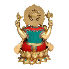 Brass Ganesha-Statue von hinten, rundes Rückenschild über rotem und türkisfarbenem Gewand
