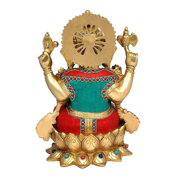 Brass Ganesha Sitting On Lotus Pedestal Statue (Height 13.1 Inch) Study Setting