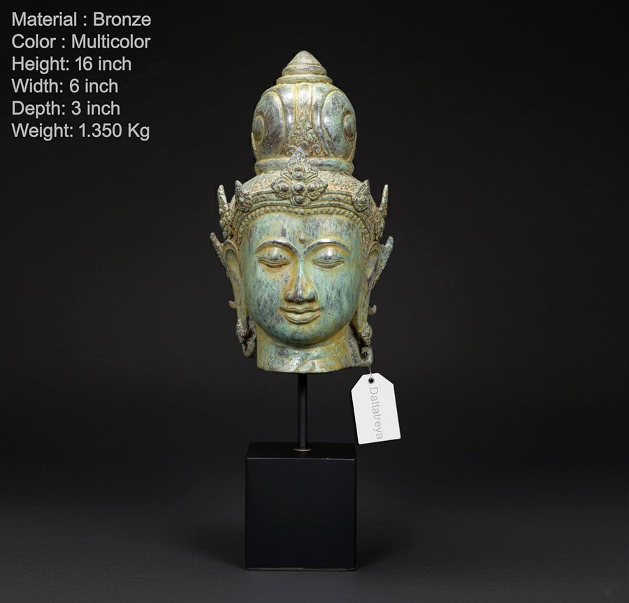 Vintage Indonesian Bronze Lord Vishnu Head Idol (Height: 16 Inches) Craft Detail