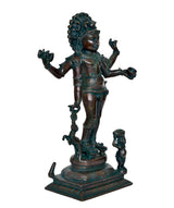 Shiva Bhikshatana idol, teal patina rear angle, raised arms and detailed jewelry