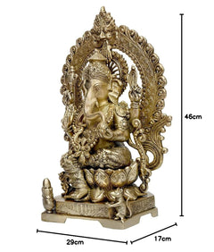 Brass Lord Ganesha statue seated on lotus with ornate carved arch frame