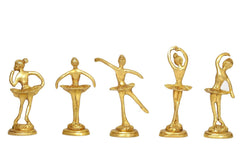 Brass ballerina figurines set of 5, each dancer in a distinct ballet pose on a base