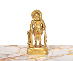 Brass Hanuman Ji standing sculpture, detailed back drapery and staff