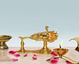 Brass peacock aarti diya oil lamp, 5 inch, with multiple bowl cups and flame wicks