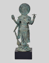 Back view bronze Lord Vishnu standing idol, circular halo, draped back garment, raised arms