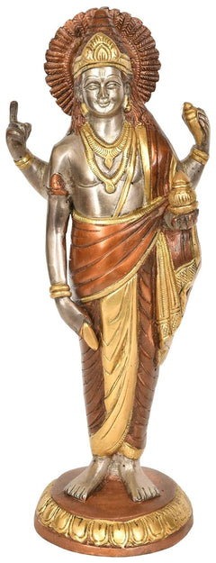 Dhanvantari deity statue in gold and copper, standing with raised hands (11.3 in)
