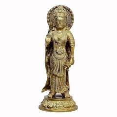 Brass Ram Darbar standing idol on circular base, side/back view with halo headpiece