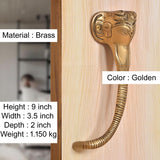 Brass Ganesha face door handle, golden finish, curved grip with ridged shaft
