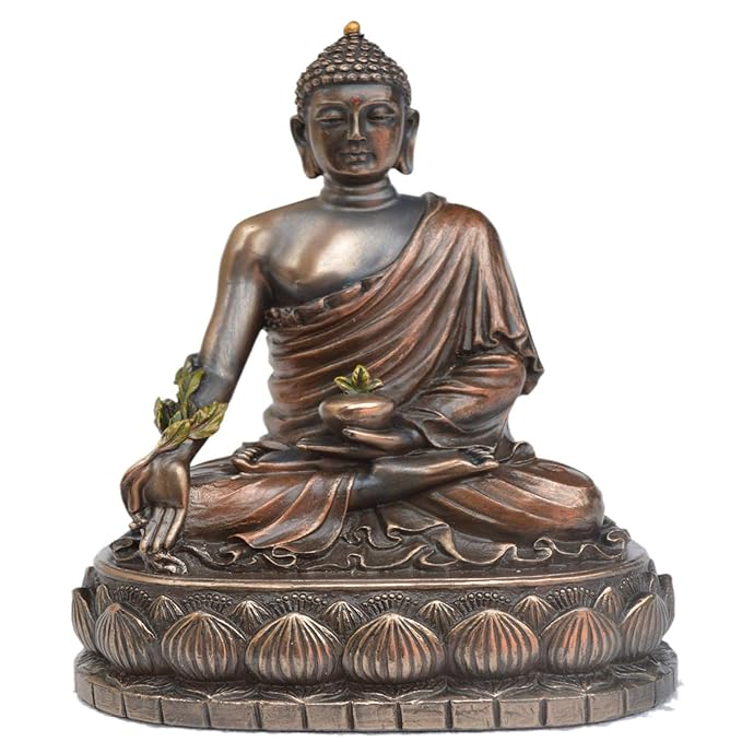 Sitting Buddha decorative showpiece in bronze-finished polyresin, hands in meditation