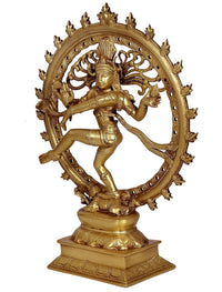 Brass side view Nataraja Shiva dancing statue on square base with ornate halo